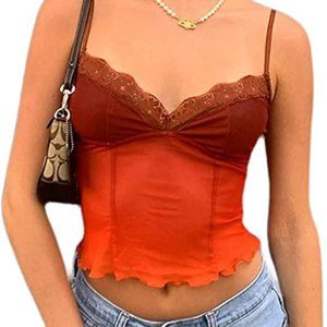 SOFIA'S CHOICE Women's Contrast Stitch Lace Patchwork Spaghetti Strap Crop Cami